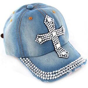 Faith Inspirational Cross Clear Rhinestone Cap Hat Distressed Denim Jean